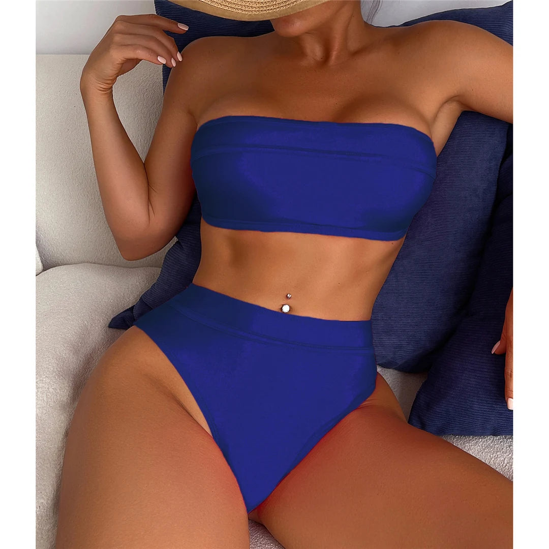 Sexy Bandeau High Leg Cut Female Swimsuit High Waist Bikini Women Swimwear Two-Pieces Bikini Set Bather Bathing Suit Swim V5444