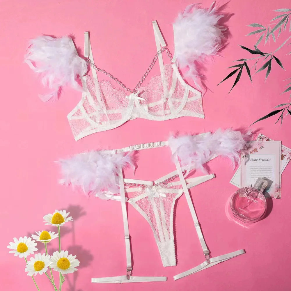 Toucheart 4 Piece Set Fun Lingerie For Women Feather Lace Splicing Chain Sexy Slim Mesh See-Through Sexy Lingerie Garters Suit