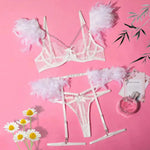 Toucheart 4 Piece Set Fun Lingerie For Women Feather Lace Splicing Chain Sexy Slim Mesh See-Through Sexy Lingerie Garters Suit
