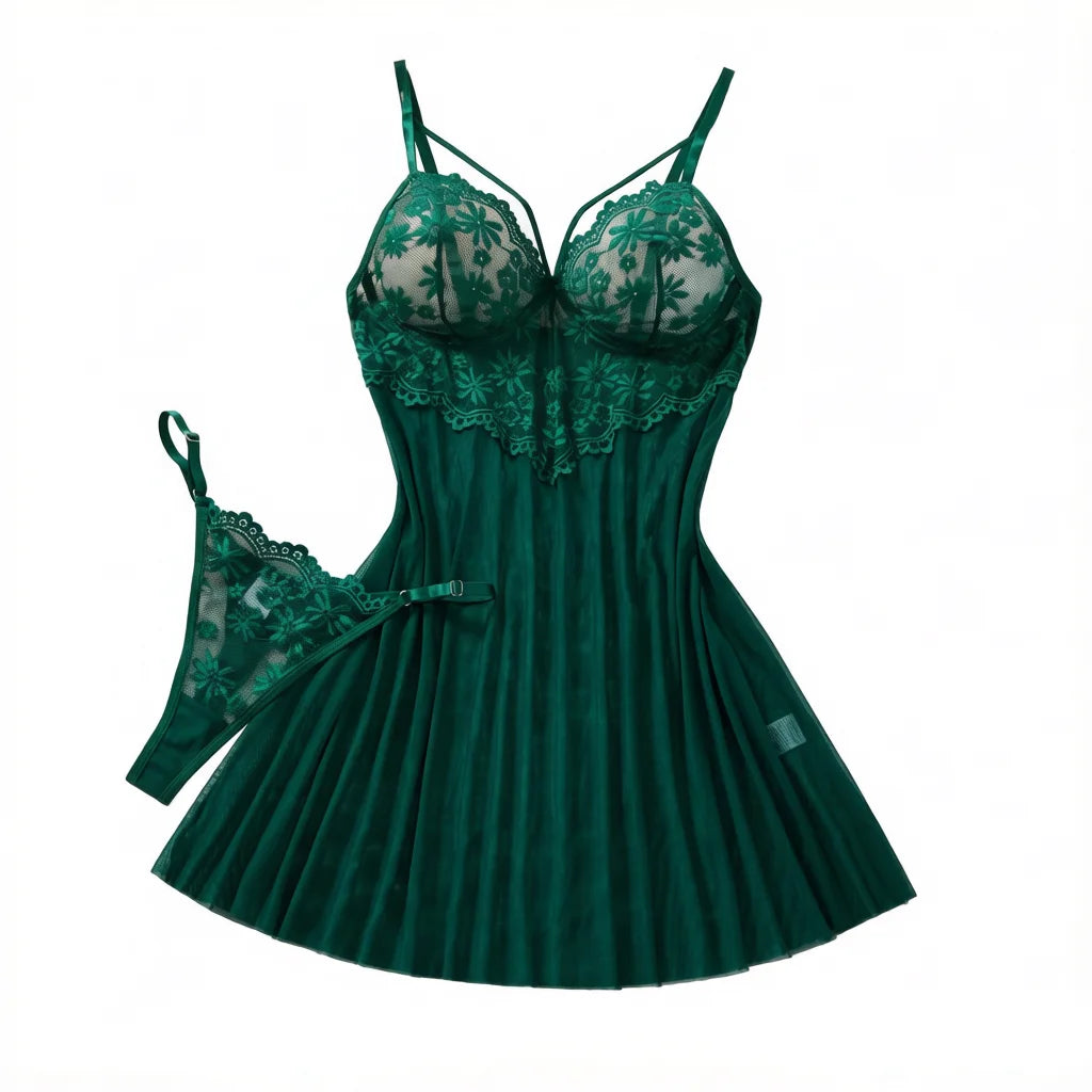 Green Daisy Floral Lace Sheer Mesh Babydoll Lingerie Set Slip Nightdress With Matching Thong Women Sexy Sleepwear ZA825096