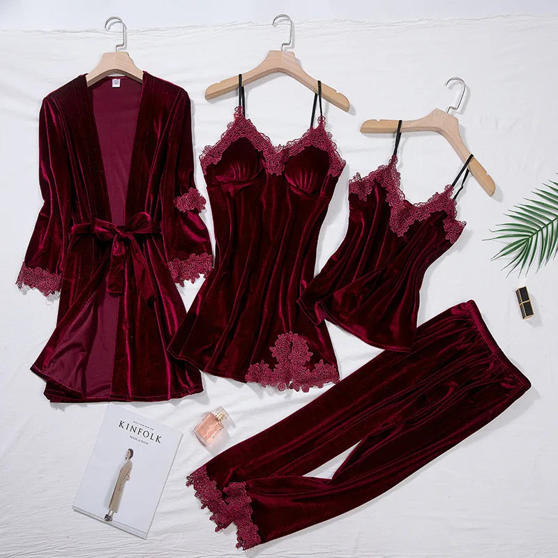2025 New Gold Velvet Lace Sleepwear Women's Long Sleeve Home Clothes Set with Chest Pad Strap Four Piece Suite Winter Season