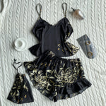 Spring Summer Silk Sleepwear Set, Fashion Print Shorts Pajamas Home Wear, Sexy Strap Dress Storage Bag, Comfortable Women's Nigh