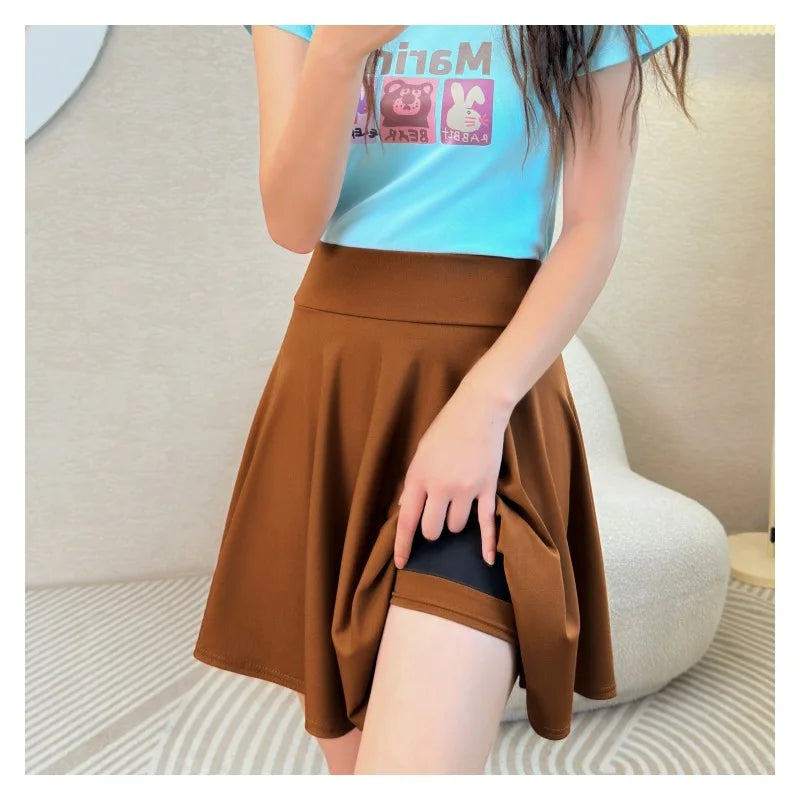 Women Flared Skirts Summer Basic Skirt Fashion Dancer Uniform Versatile Black Safety Pants Skirt Elastic Pleated Skirt Long 45CM