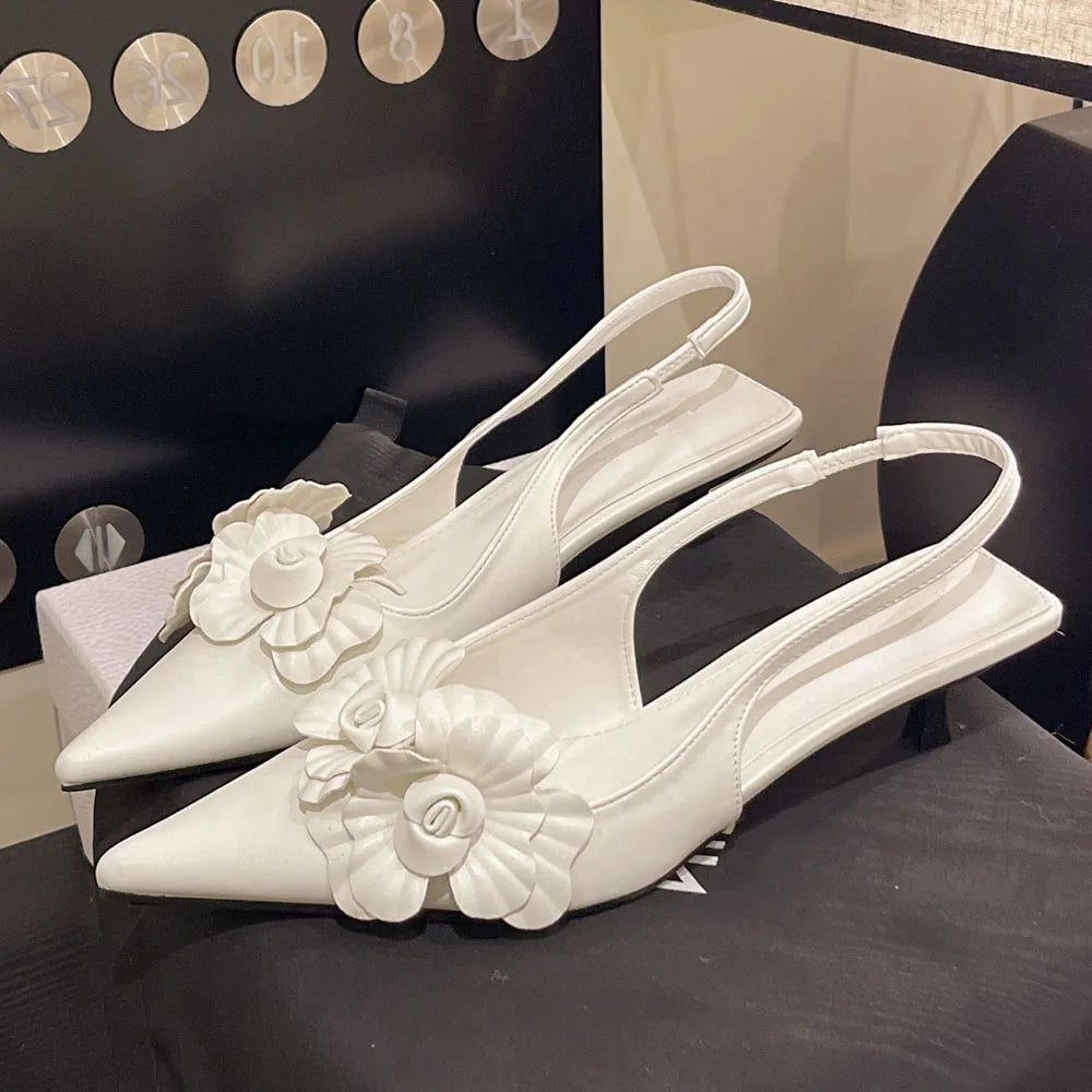 2026 Size 42 Vintage y2k Flowers Black Pointy Toe Slingback Pumps Cross-strap Summer 5cm Kitten Heels White Lady Shoes Women