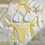 Yellow Halter String Triangle Micro Bikini Thong Solid Swimwears Bow Pearl Sexy Swimsuit Women Bathing Suit Bikinis Sets 2026