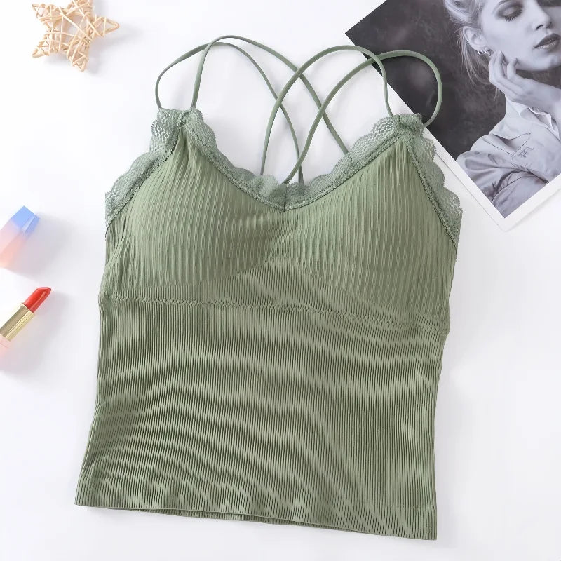Summer Tank Top Women Crop Tops Sexy Lingerie Beauty Back Seamless Underwear Lace Bralette Camis Female Padded Camisole Femme