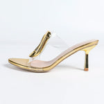 Fashionable High-heeled Sandals with Metal Square Buckles, Open-toe, Round-top, Slim and High-heeled Women's Summer Outerwear.