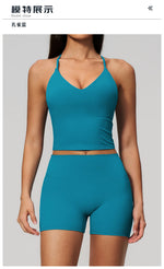 New Yoga Sets Women V Neck Back Criss Cross Sports Tank Top High Waist Butt Lift Shorts Fitness Suit Gym Running Workout Clothes