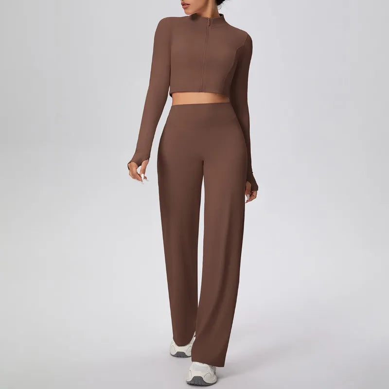2 Pcs Women's Seamless Yoga Set Long-sleeved Wide-leg Pants Tracksuit Fitness Sports Set High-waisted Hip-lifting Slim-fit Suit