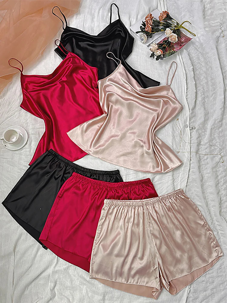 Large size pajamas, camisole shorts set, fashionable ice silk home clothes, women's simple simulated silk pajamas