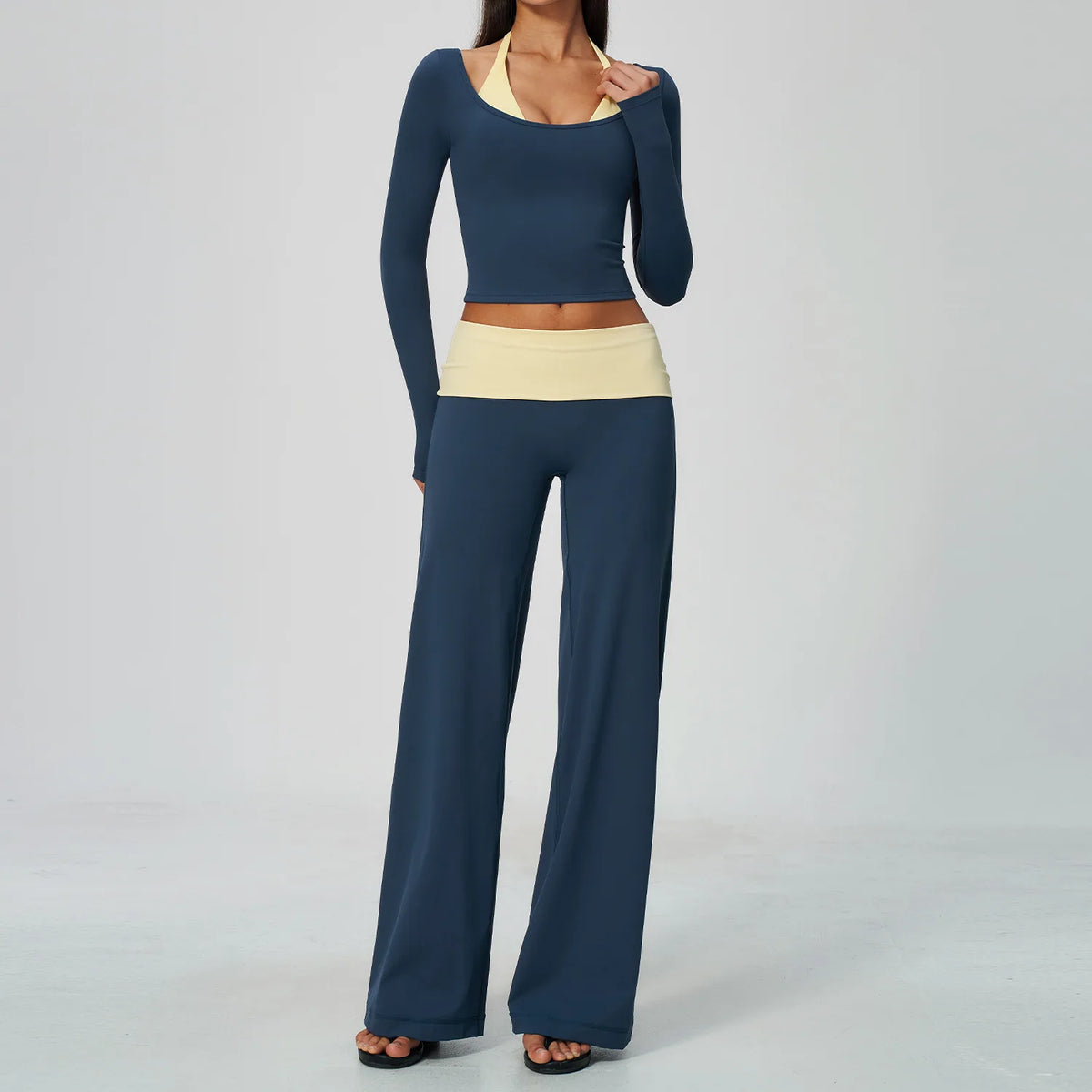 Women 2 Piece Yoga Set Gym Clothing Fitness Suit Workout Tracksuit Running Sportswear Outfits Layered Long Sleeve Wide Leg Pants
