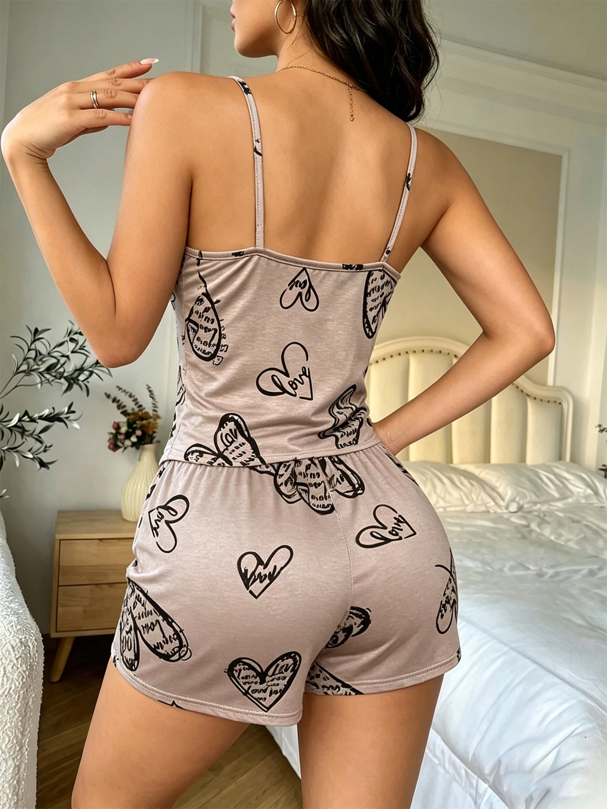 Women Pajamas Sleepwear Pajama 2pcs Set Camisole Shorts Cartoon Print Cami Top Backless Milk Silk Comfortable Pj Set Loungewear