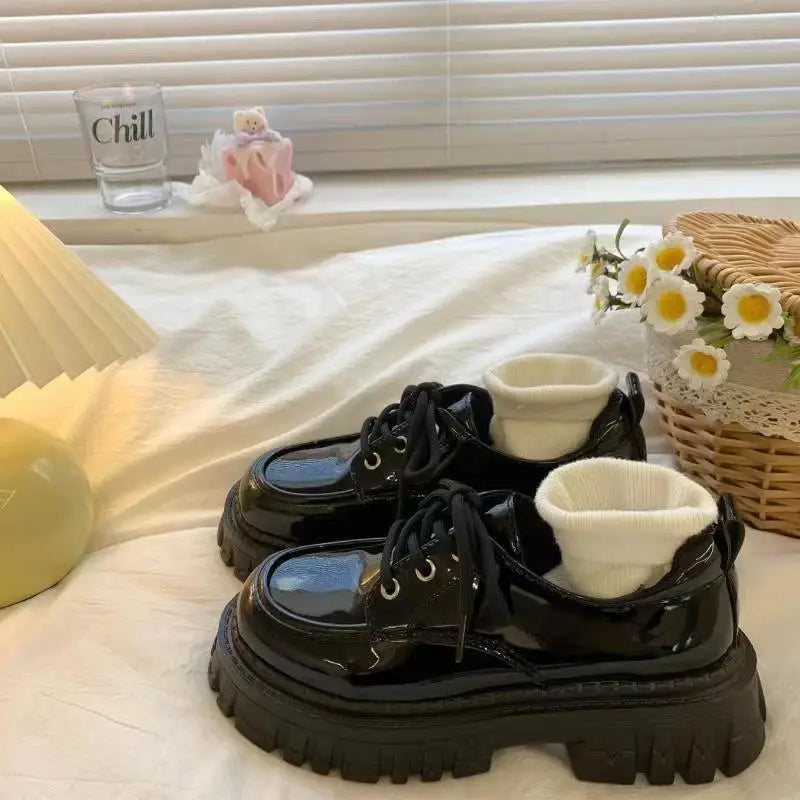Women's Lace‑Up Platform Oxford Shoes, Chunky Thick Sole Height Increase Black Preppy Casual School Shoes
