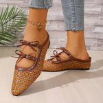 Comfortable Hollow Weave Women Mules Slippers Fashion Bow Decorative Brand Slide Sandals Elegant Non-slip Outdoor Beach Sandals