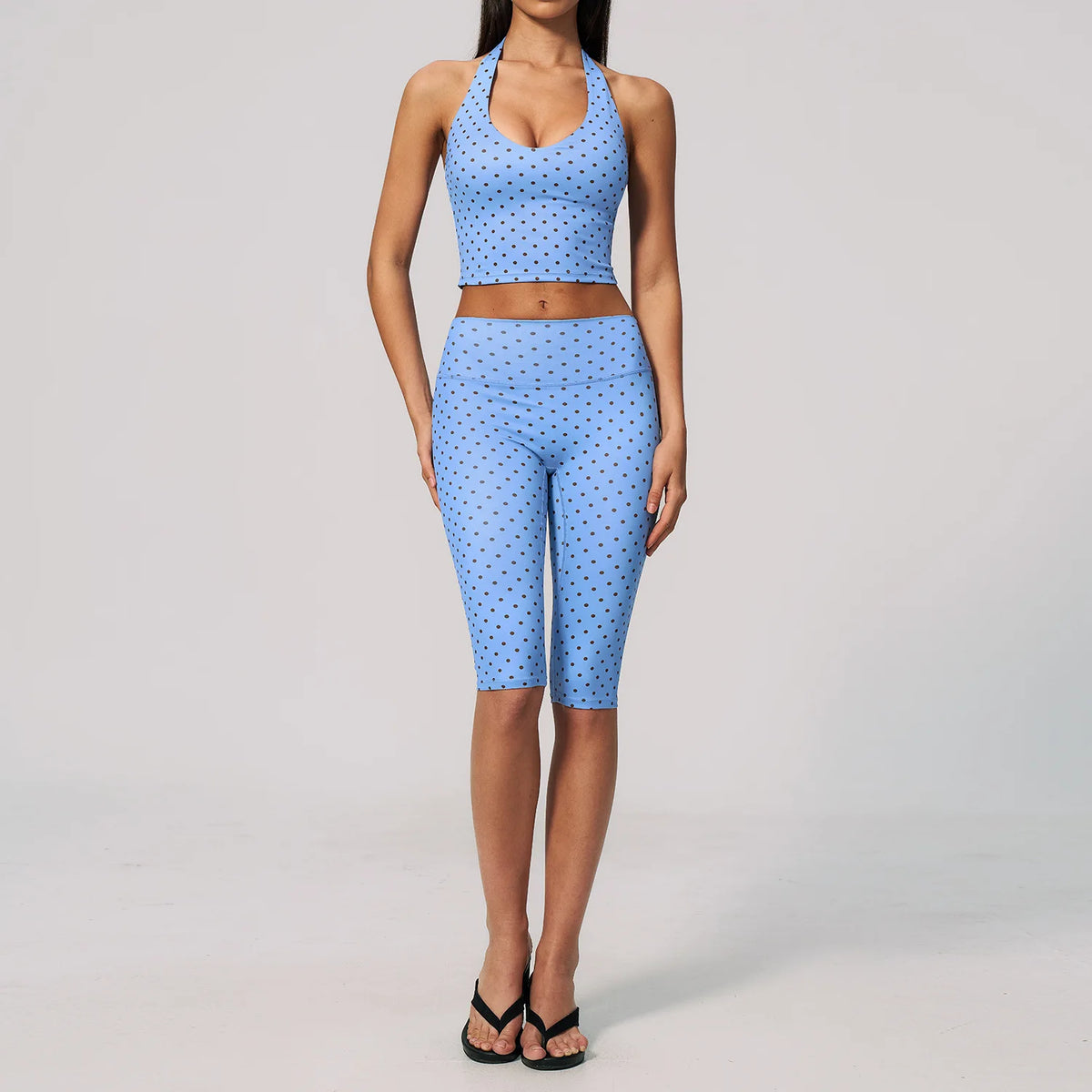 New Summer Women White Polka Dot Print Yoga Sets Hanging Neck Slim Sport Vest High Waist Mid Pants Gym Two-piece Workout Clothes