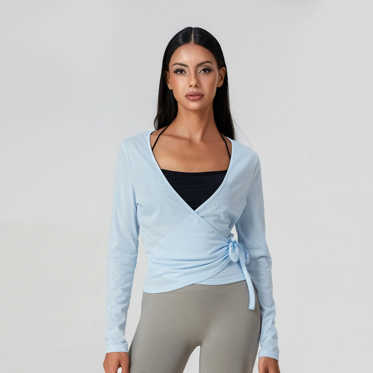 Women’s Spring Summer Cross Wrap Tie Tops Long Sleeve Deep V Neck Solid ColorWorkout Slim Fit Basic T-Shirts