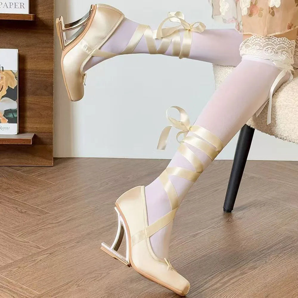 2025 Brand New Summer y2k Pink Square Toe Ballet Shoes Women Ribbon Lace-up Hollow out Wedge High Heels Party Pumps Daily Life