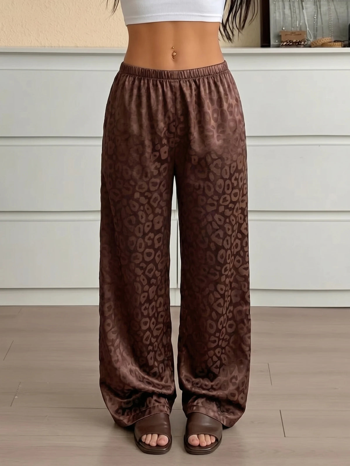 2026 Women Brown Satin Leopard Print Pajamas Pants Elastic Waist Loose Trousers Vintage Casual Pants Leisure Home Clothing
