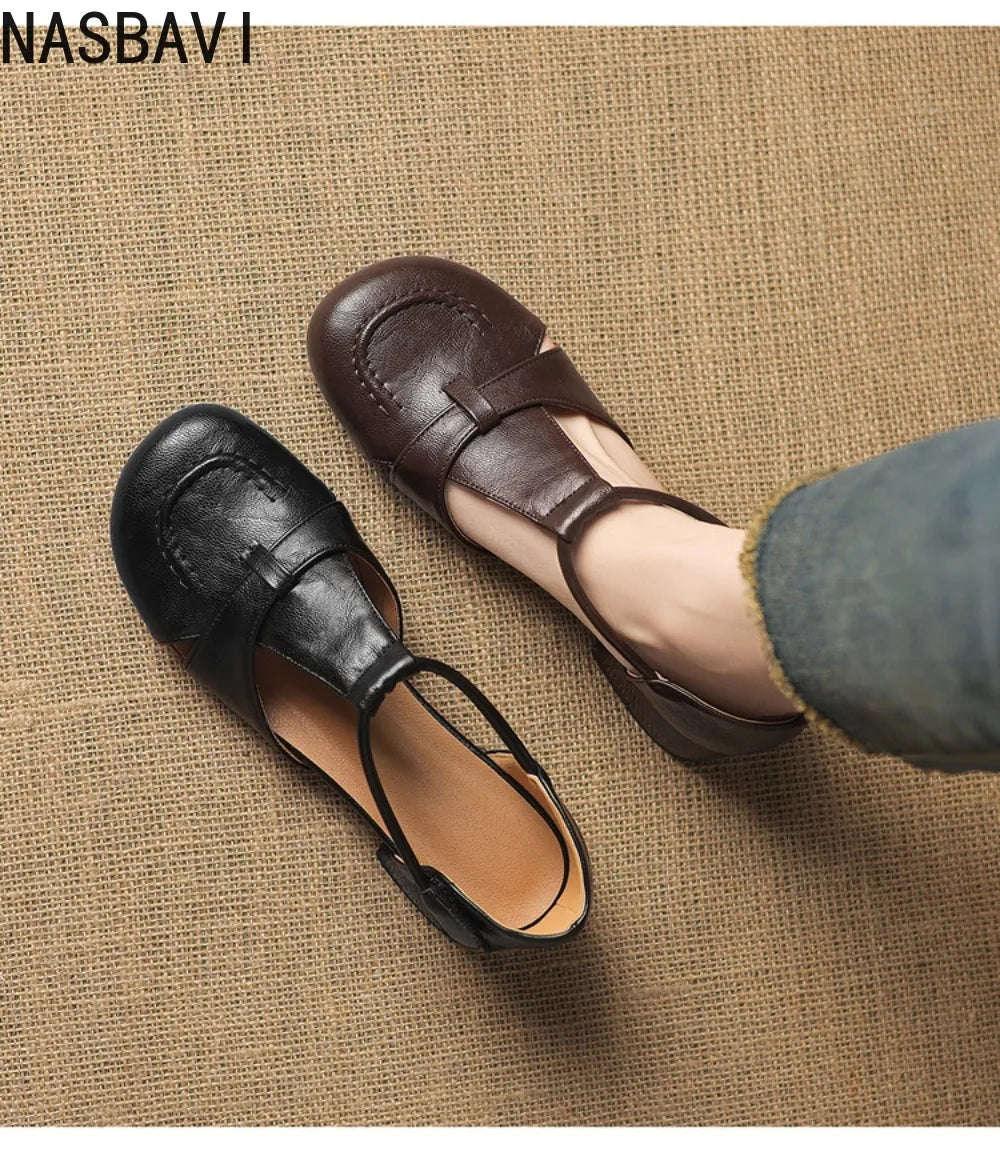 French Slip-on Single Shoes Retro British Shoes for Women Brown T-Strap Shallow Flat Sandals Soft Leather RomeSummer New 32-43