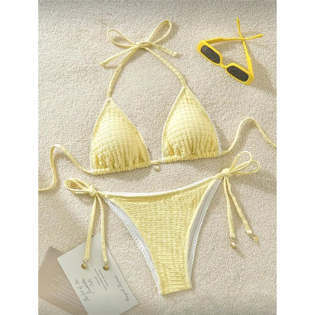 High Cut Leg Two-Pieces Bikini Set Bather Bathing Suit Swim Wrinkled Crinkled Halter Bikini Women Swimwear Female Swimsuit M125