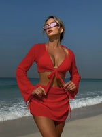Summer 4 Piece Bikini Set 2025 Women Sexy Black Long Sleeve Cover Up and Skirt Swimsuit Beach Bathing Suit Holiday Swimwear