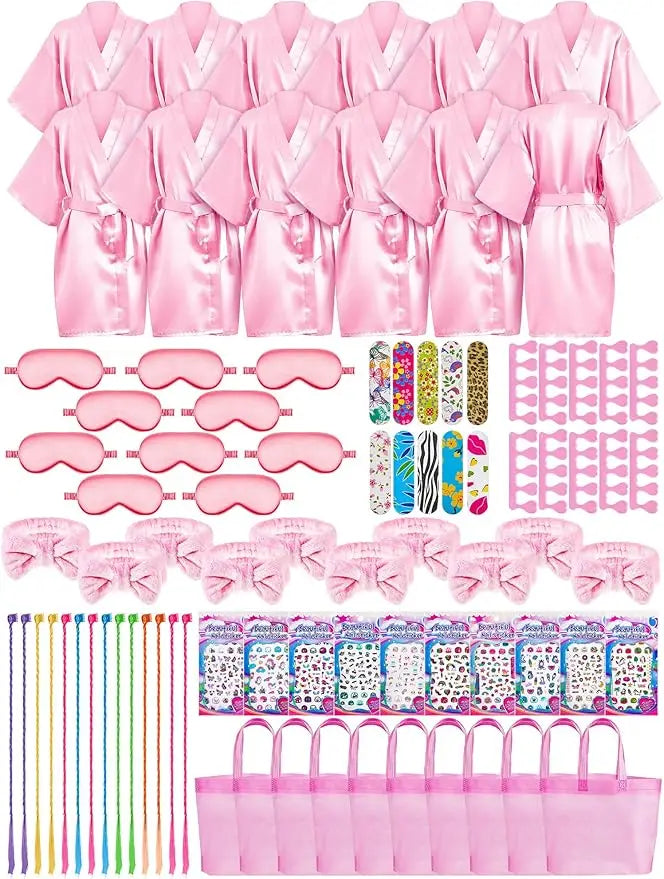 92 Pcs Spa Party Favors for Girls Slumber Party Supplies Kids Satin Robes Sleepover with Gift Bags for Girl Kids Birthday Gifts