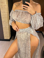2026 Leopard Off Shoulder Long Sleeve 2 Pieces Set Beach Cover Up Cover-ups Beach Dress Beach Wear Beachwear Female Women V3728