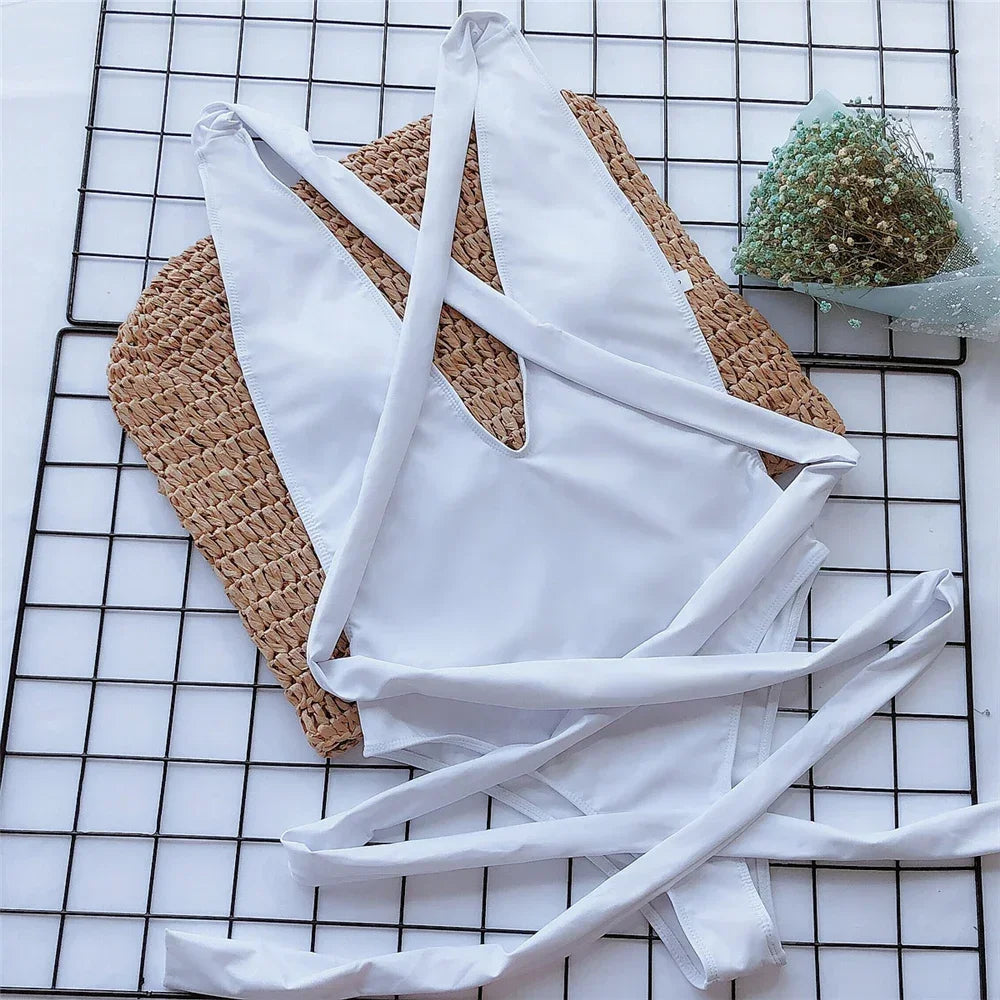 Sexy Red Cross Bandage Backless Swimwear One Piece Swimsuits Woman 2026 Knotted Straps Swimming Bathings Suit V Neck Bodysuits