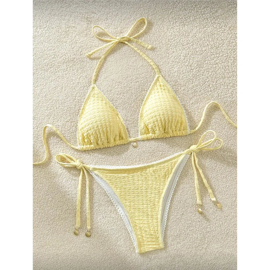 High Cut Leg Two-Pieces Bikini Set Bather Bathing Suit Swim Wrinkled Crinkled Halter Bikini Women Swimwear Female Swimsuit M125