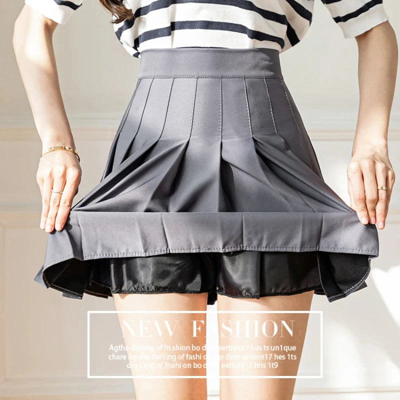 Women High Waist Pleated Skirt with Safety Shorts, Black A Line Mini Skort for Casual Office School Style Outfits