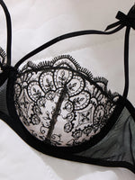 Ladies' sexy bowlace lace lingerie set - ultra-thin see-through bra, thong, garter belt set ZA825205
