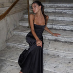FDYOUI Women's Bandage Long Maxi Satin Dress Black 2026 Sexy Spaghetti Strap Slash Neck Backless Lace-up Party Evening Dresses