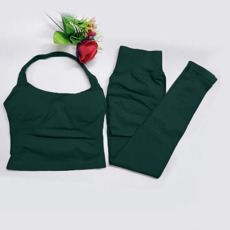 Women's Halter Top And Sports Leggings Gym Workout Set Two-Piece Pilates Clothes Yoga Outfits Impact Fitness Pants Set