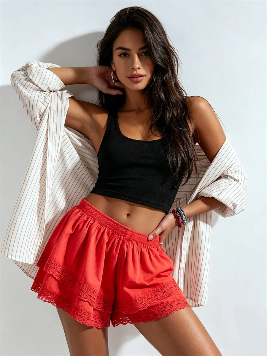 Women’s Layered Lace Shorts Elastic Waist Wide Leg Short Pants Summer Lolita Casual Loose Lounge Bloomers Streetwear