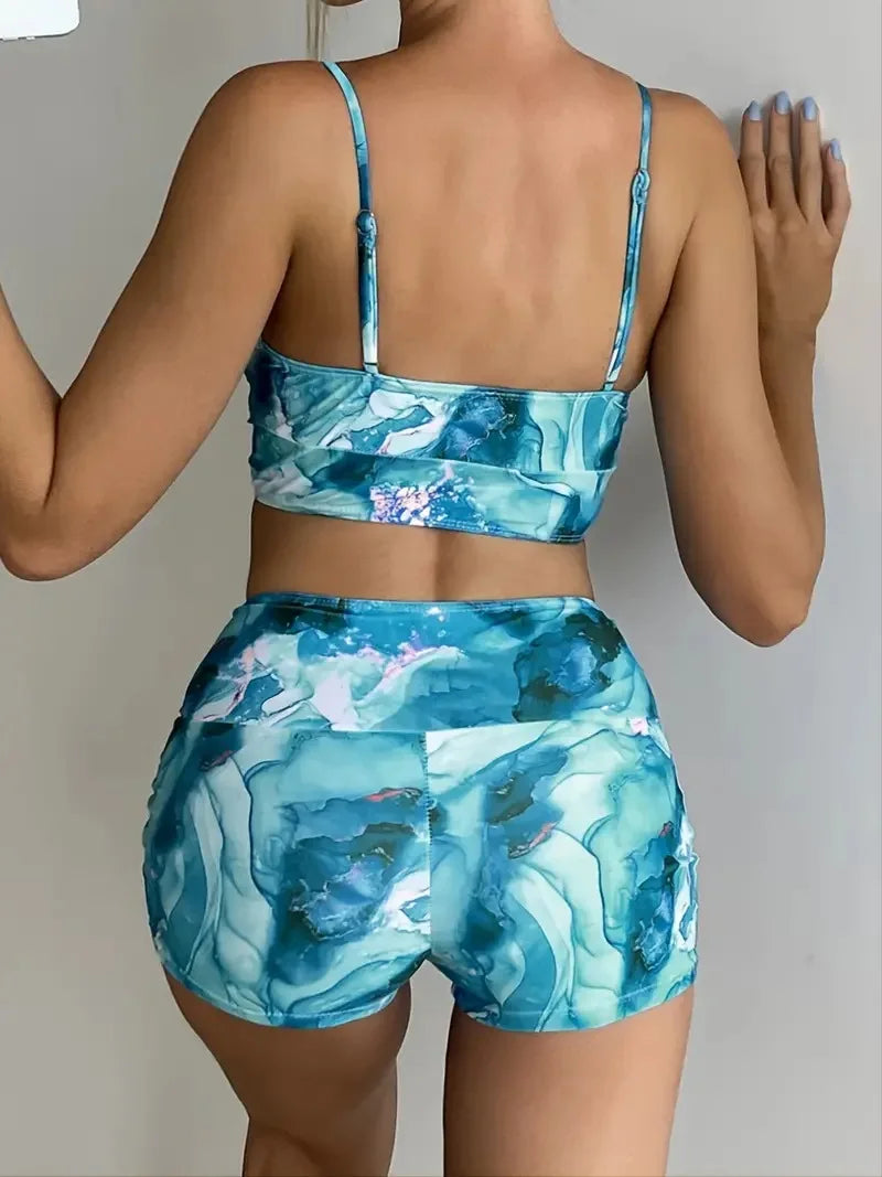 2024 Separate Swimsuit Tie Dye Print Bikini Bathing Suit Women Tankini Set Drawstring Two-Piece Suits Shorts Swimwear Female