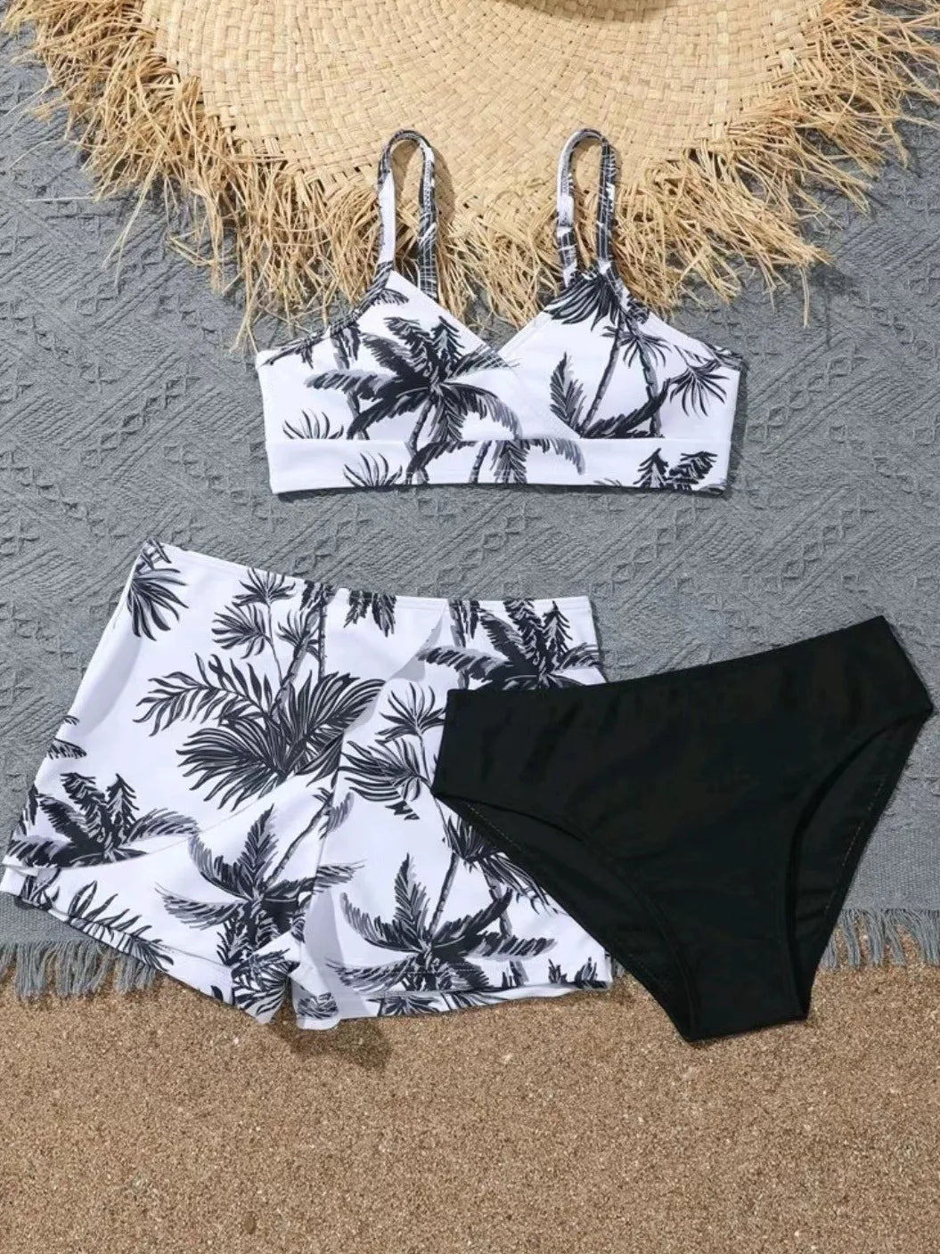 Girls 3pack Coconut Palm Tree Print Bikini Sets with Shorts Swimsuit Kids 7-12 Years Children's Swimwear Trunks Bathing Suit