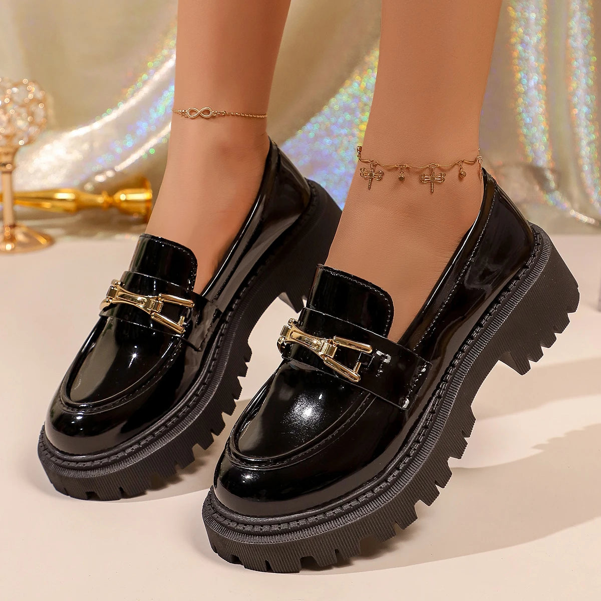 Ladies Metal Buckle Decor Chunky Loafers Round‑Toe Slip‑On Lug‑Sole PU Leather Comfortable All‑Match Business Walking Footwear