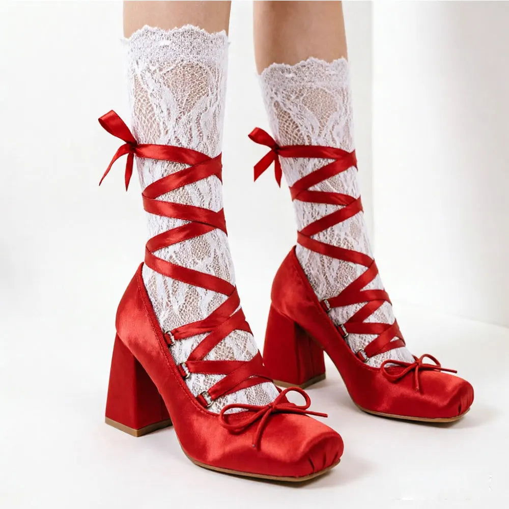 2026 Big Size 43 Cute Red Lolita Ankle Wrap Pumps Sweet 9cm Square High Heels Gothic Cosplay Ballet Style Mary Janes Shoes Women
