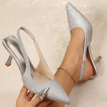 All-Match Silvery Elastic Band Pumps Heels for Women Party Pointed Toe Plus Size Woman High Heels Fashion Bling Pumps Female