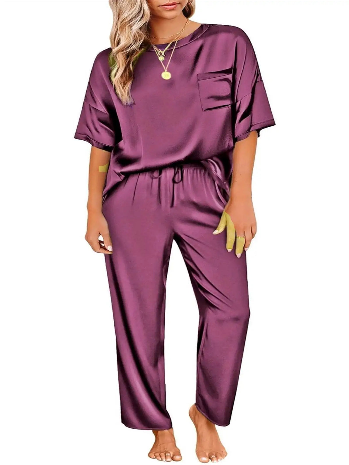 Two piece set of women's solid color satin pajamas and home clothes, short sleeved pants, loose and casual outdoor home clothes