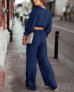 Women's 2-piece casual color Ding set 2024 autumn casual long sleeved top, loose pants can be worn as outerwear home suit set