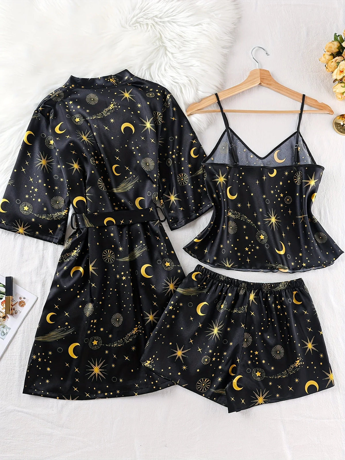 Women's Pajama Comfortable Loose Women's Elegant Pajama Set with Star and Moon Print V-Neck Camisole and Shorts 3pcs Set for All