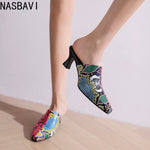 NASBAVI New Breathable Hollow Slippers Stone Pattern Leather Pumps Women Chunky Heels Mules Black Dress Shoes Big Size 45 46 47