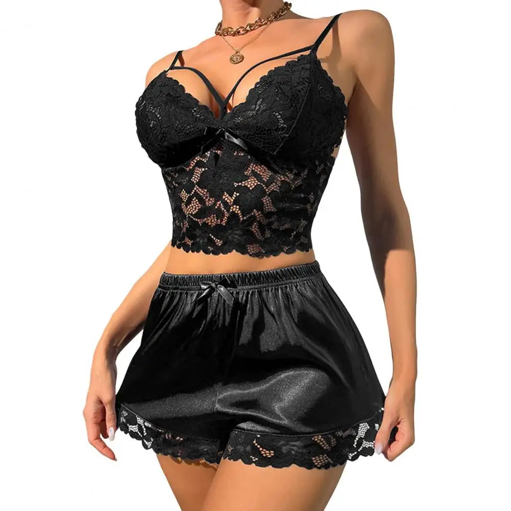 2 Pcs/Set Women Pajama Set Hollow Out Lace V Neck Sleeveless Crop Top High Waist Satin Shorts Anniversary Sleepwear Outfits