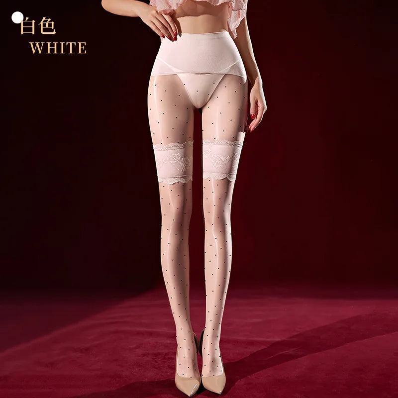 Polka Dot Fake Two-Piece Lace Long Pantyhose Aurora Glossy Open Crotch Two-Tone Spliced Sexy Pantyhose Solid Color Elegant 8WS3