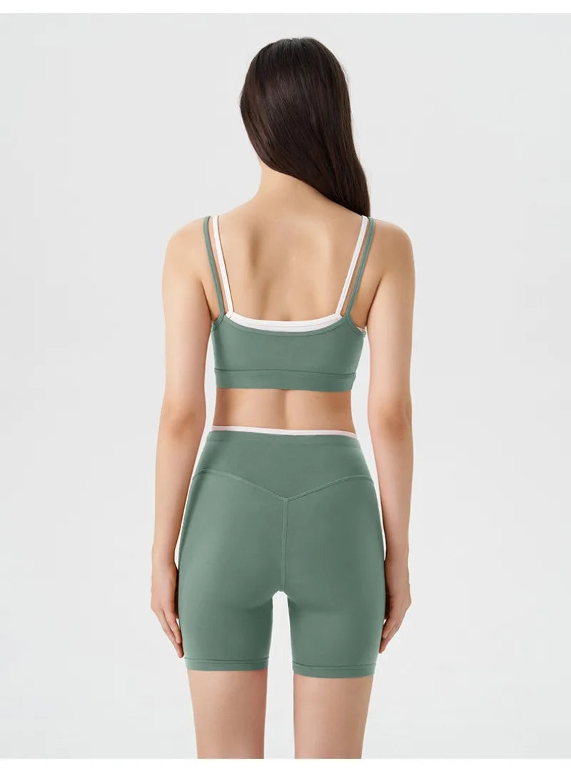 Women's 2-piece Yoga Set Fake Two-Piece Color-Block White Stripe Camisole Running Sports Bra Shorts Yoga Outfit Set