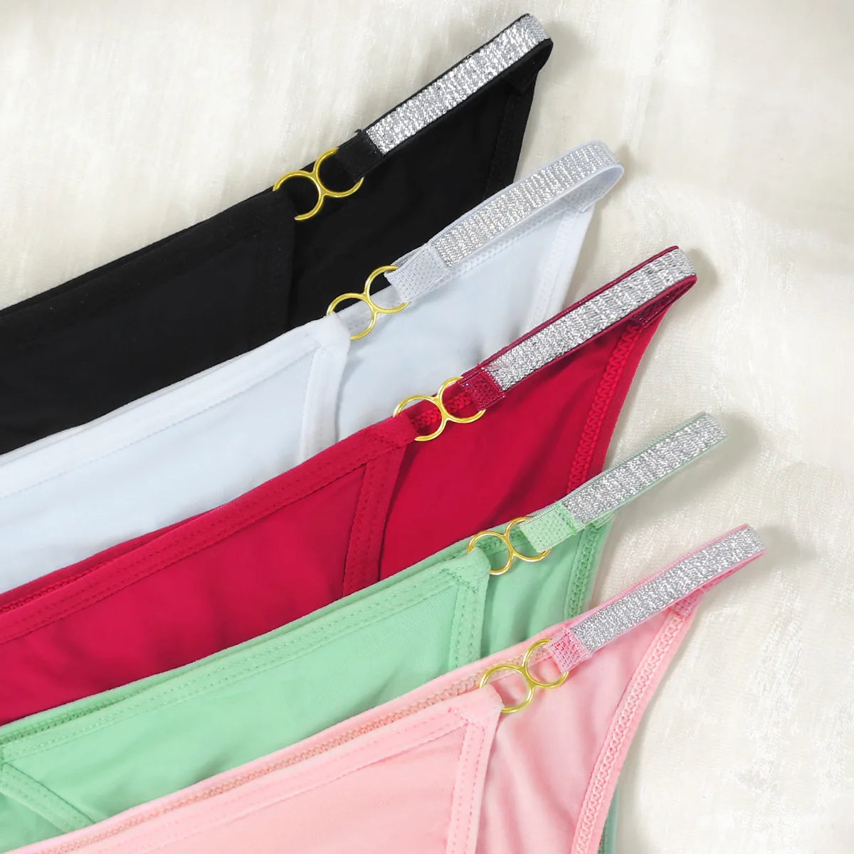 5pcs Women's New Trendy Triangle Panty Multi-Color Set Satin Silky Fabric Silver Ribbon Metal Decoration Breathable Underwear