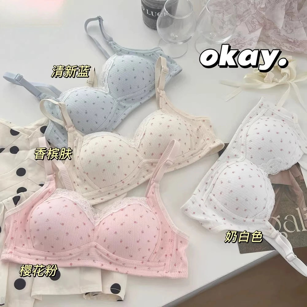 Japa Cherry Blossom Bra Wireless Thin Lace Bralette Small Chest Women Comfortable Breathable Student Underwear Push Up No Steel