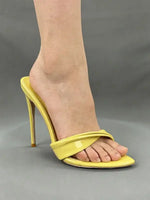 Women's Yellow Patent Leather Pointed Toe Stiletto Mules - Twisted Strap High Heel Sandals for Party, Summer & Evening