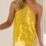 Women Solid Color Camis Tops Sequins Tie-Up Halter Neck Casual Summer Sleeveless Loose Fit Camisole Streetwear